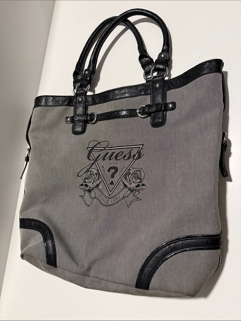 GUESS Gray Canvas Tote with Black Trim and Logo
